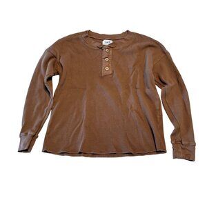 MATE The Label Brown Organic Waffle Cropped Henley Shirt Women's Size X-Small XS